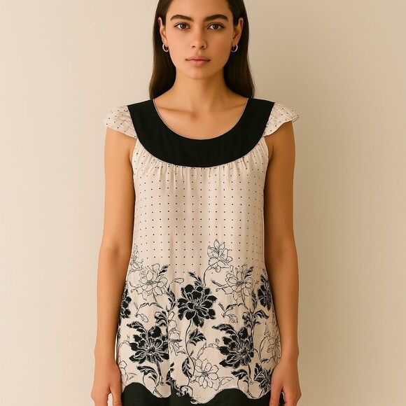 Hale Bob Cream White and Black Polka Dot Baby Doll Trapeze Dress - Picture 1 of 8